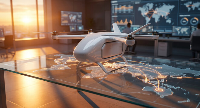 Autonomous delivery drone model on glass table with world map and logistics data in high-tech control center.
