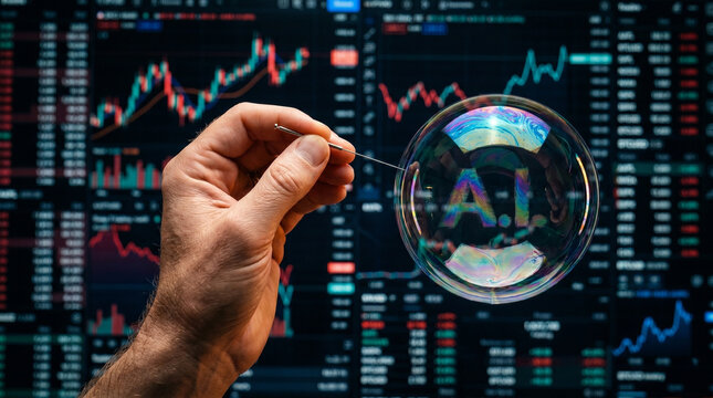 Hand holding a needle to pop a soap bubble with "AI" text inside against stock market data background.