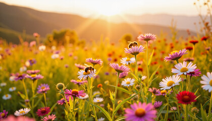 Obraz premium Bee pollinating vibrant flowers at sunset, nature's harmony