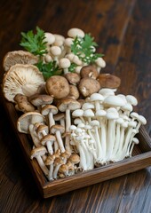 Fototapeta premium Mushrooms, parsley, Assorted fresh mushrooms and parsley arranged on a wooden tray for culinary use in cooking and food photography, kitchen, food preparation, rustic, culinary, fresh, natural