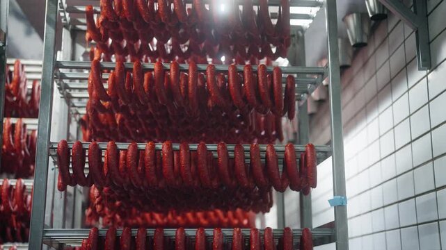 Rows of sausages hanging on metal racks inside a meat processing facility. Traditional curing or smoking process in an industrial food production environment.
