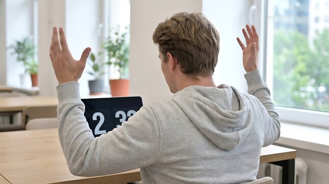 Young man frustrated with laptop screen displaying number twenty-three, hands raised in despair, sitting at a desk in a bright room near window with plants, technology problems or study stress.