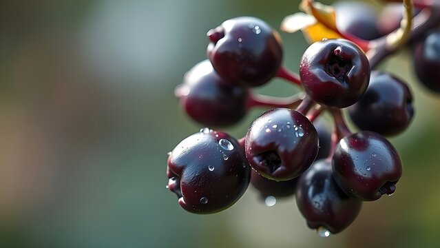 maqui. A branch with deep purple berries glistening with morning dew, macro detail. gardening catalogs, home-decor guides, designed for home decor and floral branding, used by web designers.