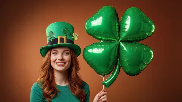 St. Patricks Day Celebration - Woman with Clover Balloon and Hat.