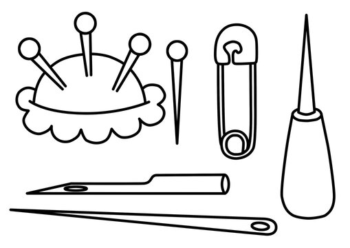 Sewing Needles, Pincushion and Safety Pin Line Art