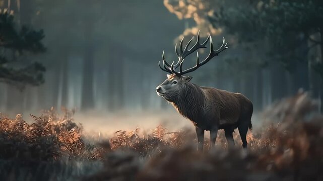 Red Deer Stag Bugling in Misty Forest at Sunrise