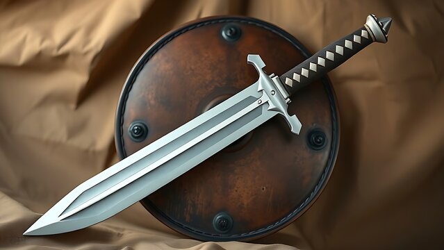 longsword. A meticulously crafted foam longsword leans against an antiqued leather shield on a tent canvas. safety posters.