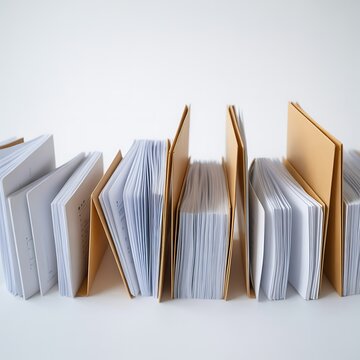 A row of open manila folders and bound notebooks standing upright on a white surface, showcasing stacks of paper and their edges in a clean, organized arrangement