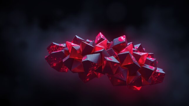 Abstract red crystal formation floats against dark background. Sharp edges, glowing highlights create dramatic visual impact. Complex geometry.