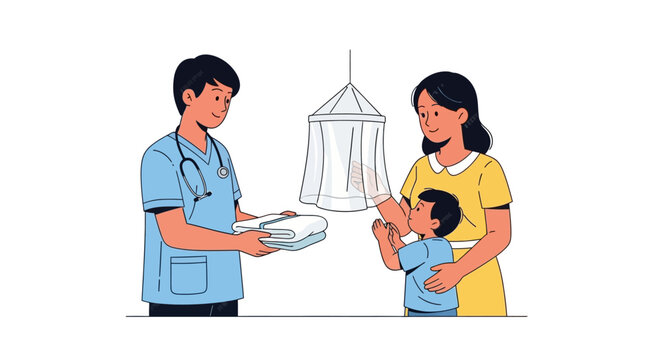 Vector illustration of a doctor offering mosquito nets to a mother holding her child, depicted in a health poster style against a clean white background with a focus on malaria awareness