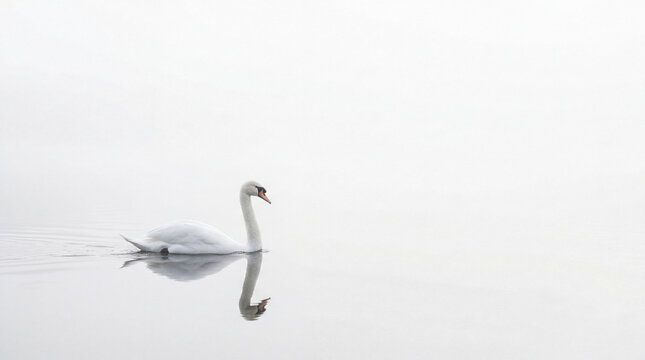 High Key Minimalist Serene Lake Scene with a White Swan in Winter Fog