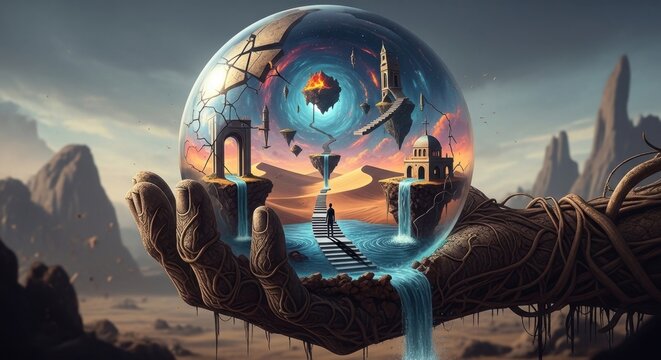 Sphere of Realms: A surreal, dreamlike world unfolds within a crystal sphere, held delicately in a giant hand. The image captures the essence of imagination, wonder.
