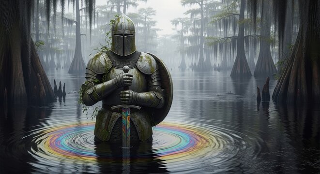 Guardian of the Swamps: A solitary figure, clad in shining armor, stands steadfast amidst the mystical embrace of a swamp, the reflections dancing on the water surface. 