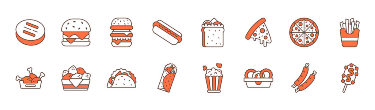 Fast food meal selection icon line set burger pizza hotdog fries chicken snack combo menu outline vector illustration
