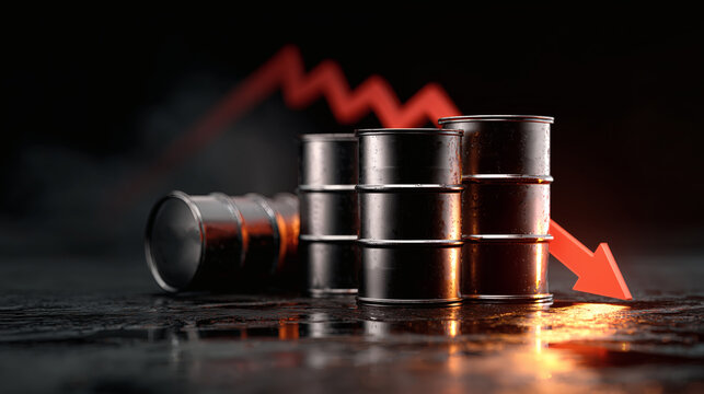 Crude oil barrels with a bold red downward arrow in a dark background, representing falling oil prices, global oil price shock and energy crisis