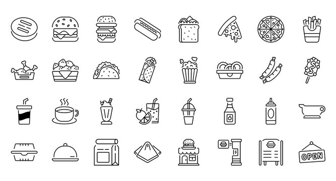 Fast food restaurant menu icon line set burger pizza fries soda drink takeaway box packaging and snack meal outline vector illustration