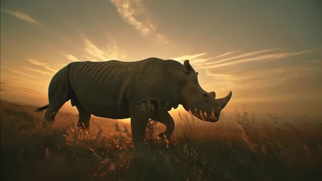 Rhinoceros walking in the savannah at sunset golden hour silhouette