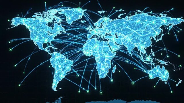 A glowing blue digital world map displays intricate network connections originating from various global locations, illustrating international communication and data flow.