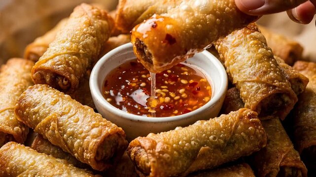 Crispy Spring Roll Dipping into Thick Glossy Sweet Chili Sauce