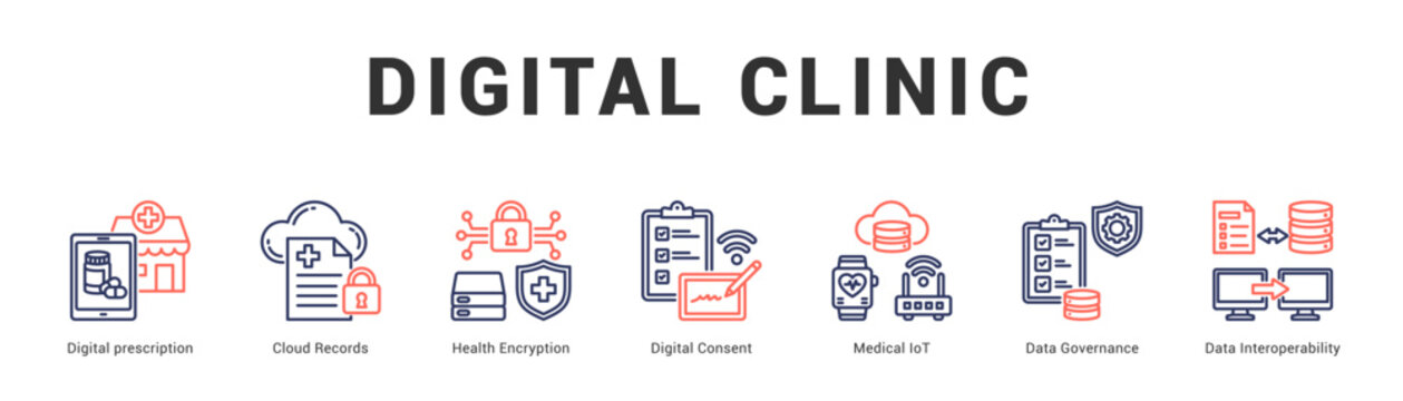 Digital Clinic Modern and clean web banner illustration featuring thematic icons for visual communication
