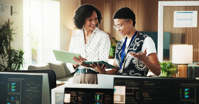 Tablet, developer and advice with business people in office for web programmer, research and feedback. Code review, software engineer and database with employees in tech startup for it collaboration