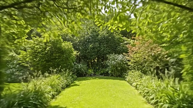 A verdant garden path leads to a lawn, shaded by a leafy trellis overhead