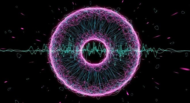 Neon pink and green sound wave circle, futuristic audio visualizer, glowing waveform pattern, electronic music effect