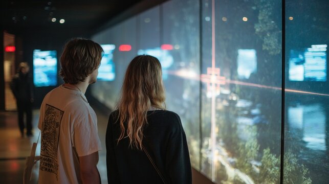 Young couple standing in a modern museum or exhibition, looking at a large digital interactive screen with glowing red laser lines and information displays in a dimly lit room