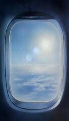 Naklejka premium Dreamy watercolor airplane view above clouds a serene escape to altitude and light