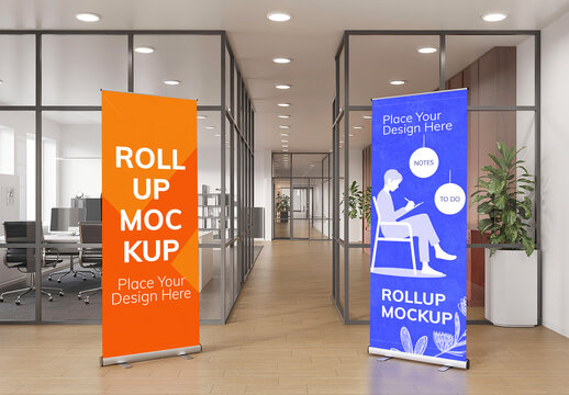 Realistic Double Rollup Banner Mockup with Office Lobby