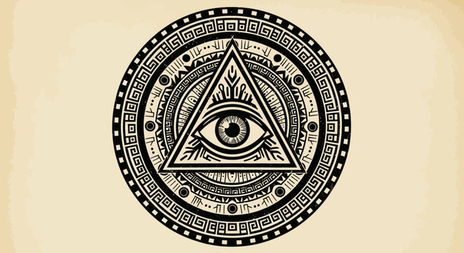 Mysterious Eye of Providence symbol in a tribal circle, occult, esoteric, conspiracy concept