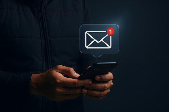 Person holding a smartphone with a notification icon indicating one unread message or email on the screen.
