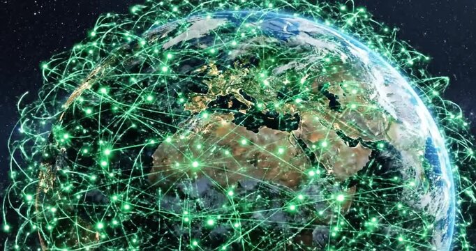 Global connectivity represented by green network lines surrounding Earth at night