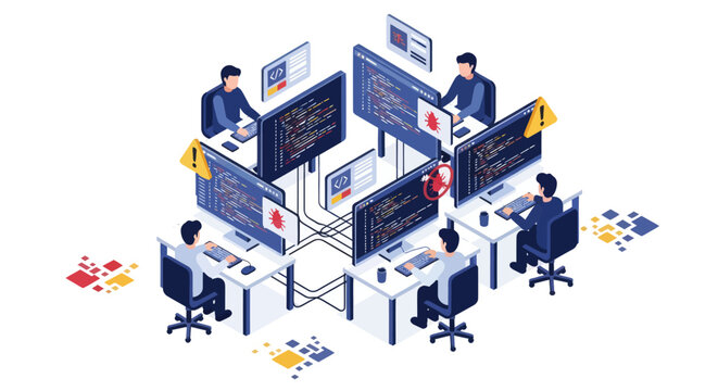Isometric illustration of a team of developers working on computers.