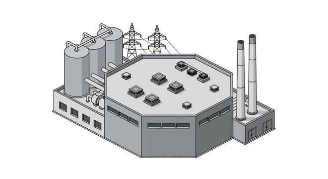 Isometric illustration of an industrial power facility. Modern energy plant with storage tanks, smokestacks, and electrical lines, symbolizing infrastructure and generation