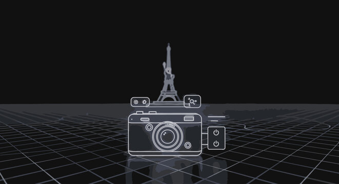 Wireframe illustration of a vintage camera with the Eiffel Tower on top, set against a dark background with a grid floor, showcasing a mix of technology and travel.