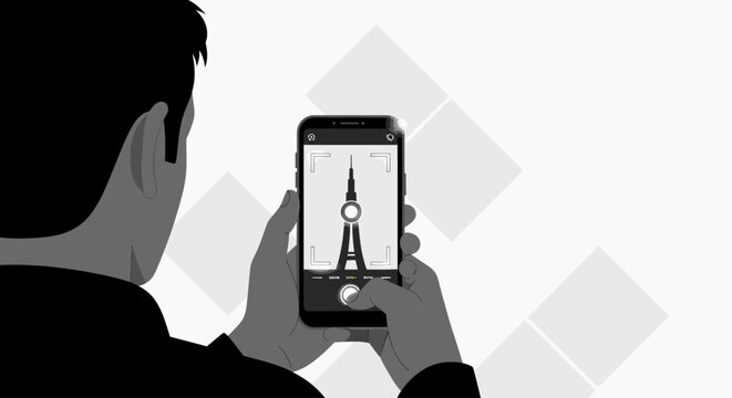 A man taking a photo of the Eiffel Tower on his smartphone against a white background with a geometric pattern.