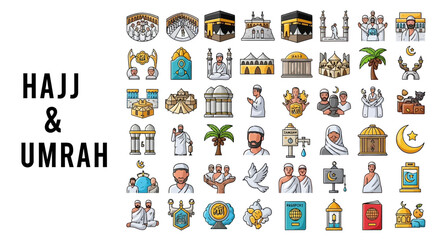 Obraz premium Hajj and Umrah Islamic pilgrimage icons with symbols and religious elements