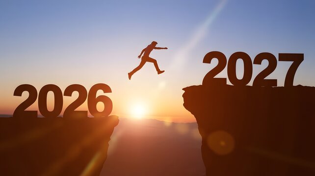 Conceptual 2027 New Year transition, silhouette of man jumping from 2026 to 2027 over cliff gap, business success and future goals at sunrise