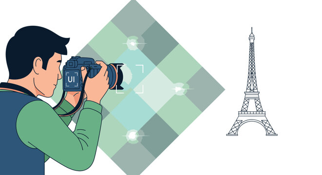 A man taking a photo with a camera in front of a green square pattern and the Eiffel Tower.