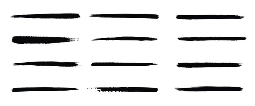 Black grunge brush stroke set. Thin ink underline dividers and rough marker lines. Professional vector elements.