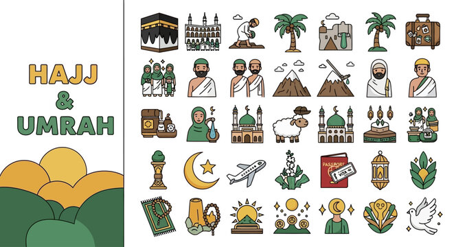 Hajj and Umrah Islamic Pilgrimage Icons and Illustrations