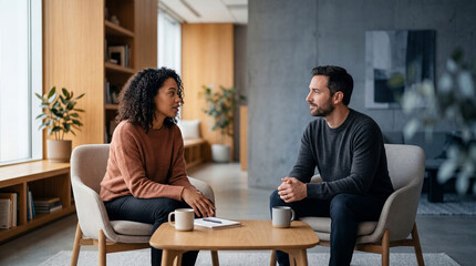 Fototapeta premium Discussion between two people in a modern indoor space during daytime with plants and soft light coming through the windows