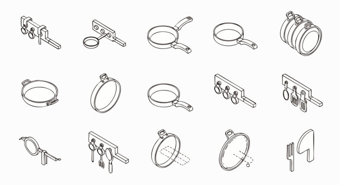 Isometric line art icons set of kitchen utensils and cookware. Essential tools for cooking and food preparation, including frying pans, pots, ladles, spatulas, and whisks.