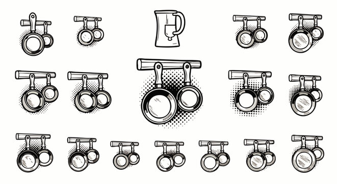 Collection of hand-drawn vintage style measuring spoons and cups, perfect for cooking, baking, and kitchen-related designs. Includes a kettle for beverages.