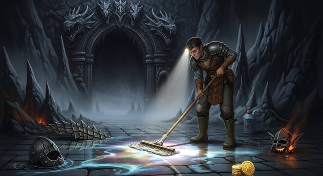 A person mops a brightly lit, colorful spill in a dark, cavernous hall with a dragon-shaped archway