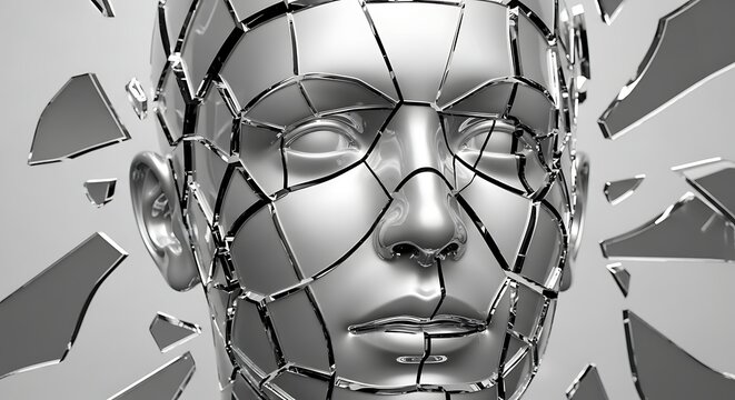 Futuristic Silver Human Face with Shattered Mirror Effect in Metallic Style