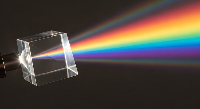 Scientific experiment with light passing through glass prism creating colorful rainbow spectrum on dark background for physics study