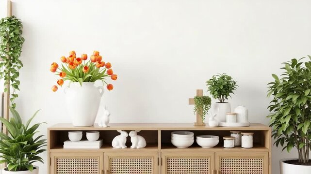 Minimalist kitchen shelf styling, white ceramic mugs and bowls on wooden wall cabinet, green houseplants and orange flowers, cozy Scandinavian home decor video background