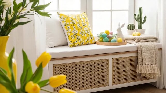 Cozy sunlit window seat with yellow floral pillow, white cushions and woven rattan bench. Bright home interior decor, airy Scandinavian style living room nook for lifestyle video